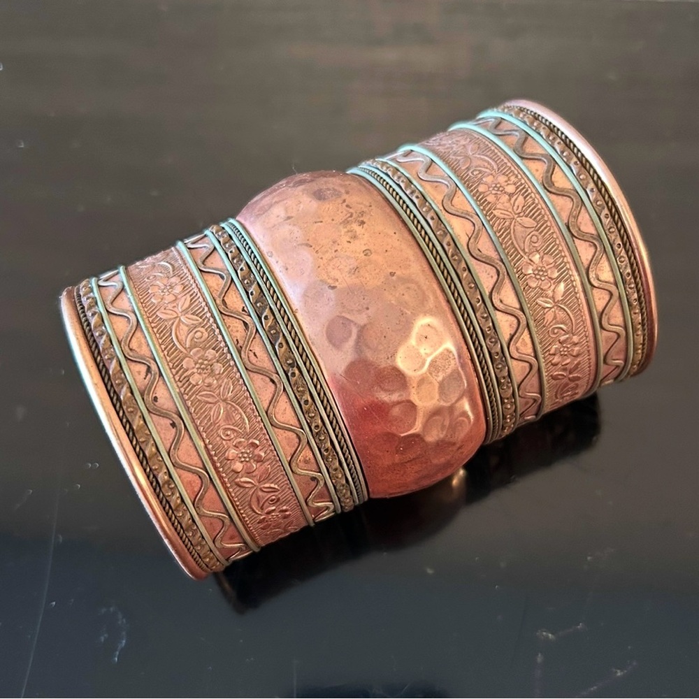 vintage Moroccan Copper and Bronze Patterned Cuff Bracelet